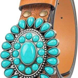 Women Western-Turquoise-Belt Embossed-PU-Leather-Cowgirl-Belt Applies-Jeans-Pant